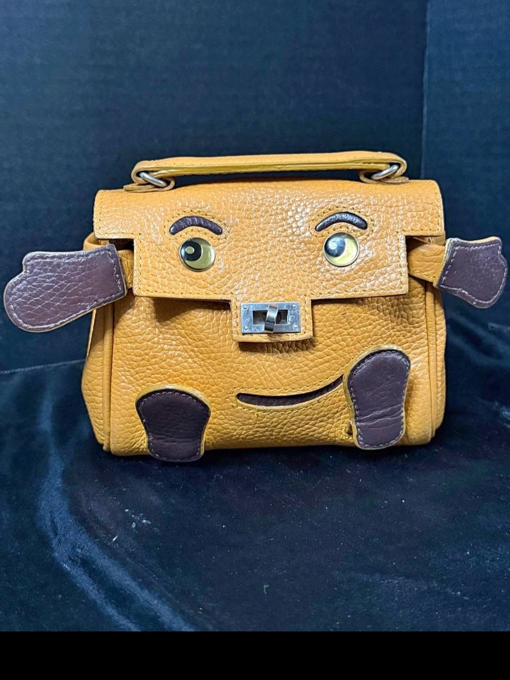 Playful Mustard Yellow Leather Satchel with Dark Brown Accents